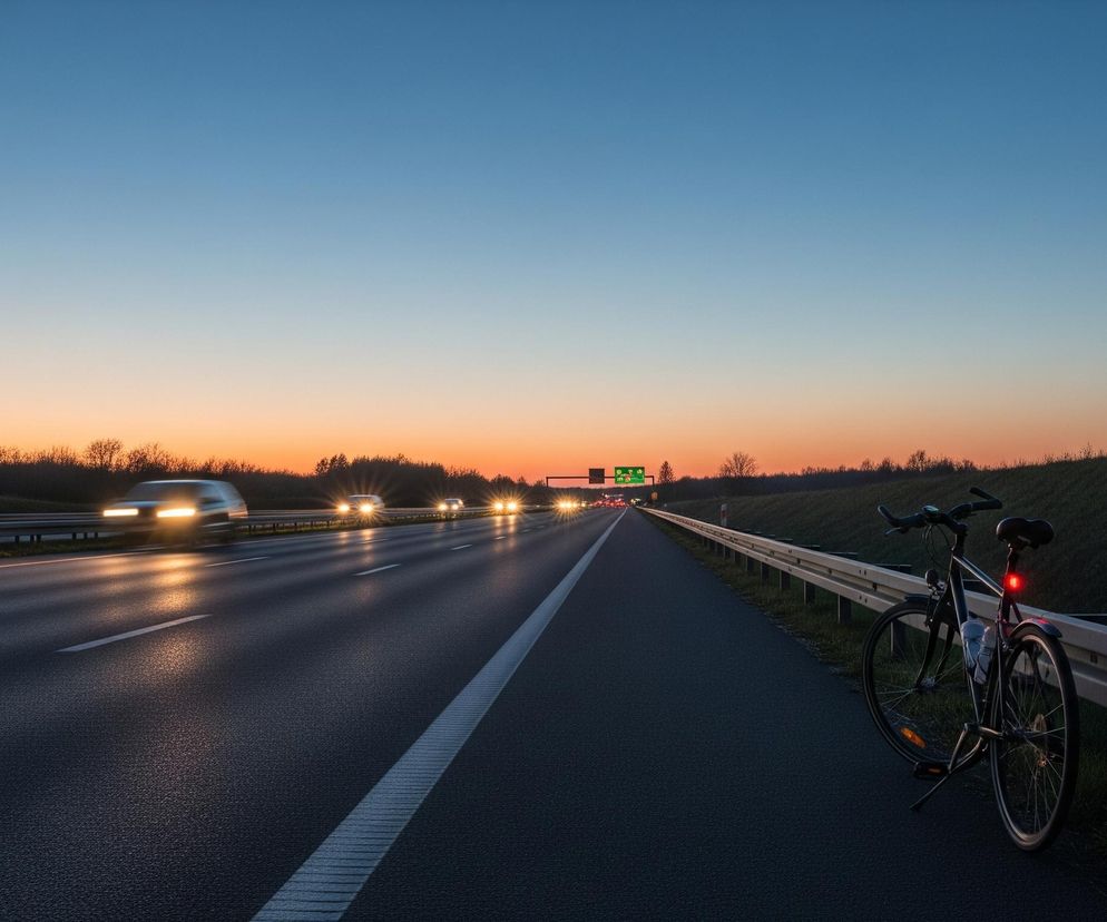 Czarny rower z czerwonym światłem tylnym stoi oparty o metalową barierę ochronną na poboczu drogi ekspresowej. Lewa strona kadru ukazuje szeroką, asfaltową drogę z dwoma pasami ruchu, po których poruszają się samochody z włączonymi światłami, tworząc świetlne smugi. Na tle pomarańczowego nieba o zachodzie słońca, przechodzącego w górze w błękit, widoczny jest horyzont z ciemnymi sylwetkami drzew oraz zielone, trawiaste nasypy. W oddali, nad drogą, widać zielony znak drogowy.