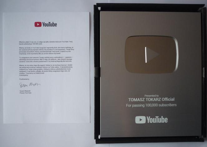 Nagroda dla Tomasza Tokarza od serwisu YouTube
