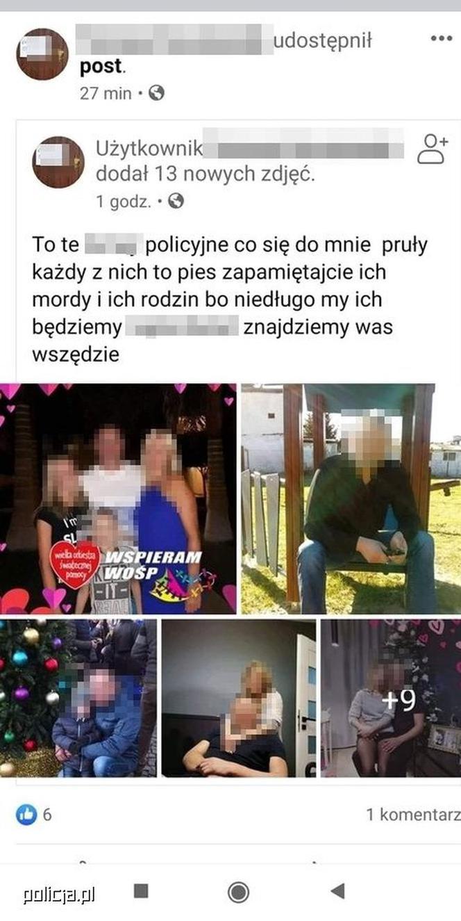Łódź: Publikował zdjęcia policjantów i ich rodzin oraz nawoływał do prześladowania. Pokazał kastety i broń podpisując "Wpadajcie pieski"