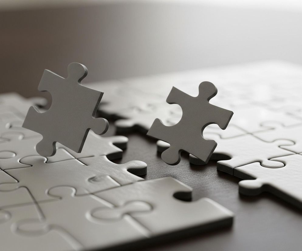 Na brązowym, matowym tle widoczna jest układanka, z której brakuje dwóch elementów. Jeden element unosi się nad luką po lewej stronie, a drugi nad luką po prawej, sprawiając wrażenie, że zaraz wpadną na swoje miejsce. Elementy układanki oraz dwa brakujące mają szary kolor.