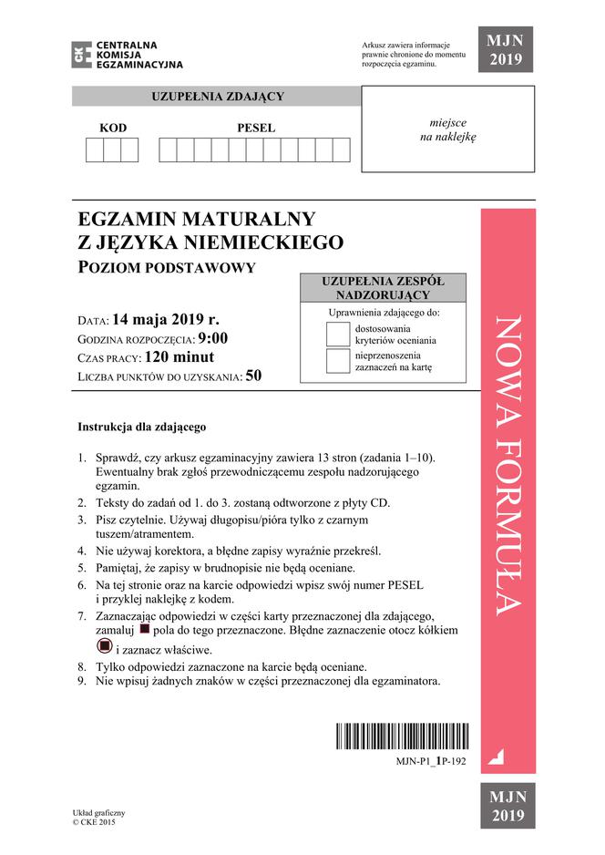 Matura 2019 niemiecki rozszerzony. ARKUSZE I ODPOWIEDZI