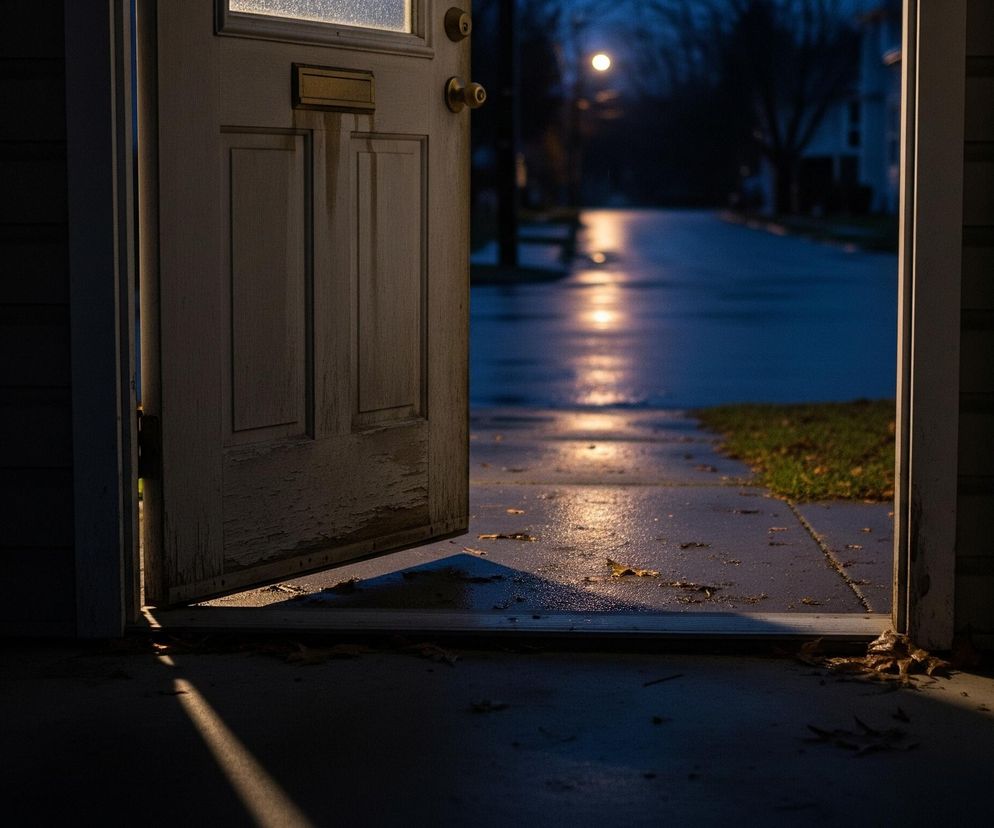 Uchylone jasne drzwi z otwartym zamkiem i złotą skrzynką na listy prowadzą na zewnątrz, gdzie widać deszczową ulicę. Zewnętrzna strona drzwi jest zużyta i ma łuszczącą się farbę, natomiast wewnętrzna strona domu jest ciemna, z białymi panelami sidingowymi po obu stronach ościeżnicy. Ulica jest mokra, odbijają się na niej pomarańczowe światła latarni, tworząc smugi światła na ciemnym asfalcie. Po prawej stronie ulicy widać kawałek zielonej trawy, a na chodniku leży kilka brązowych, opadłych liści.