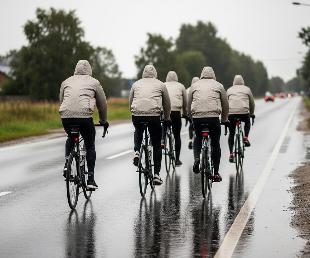 Sześciu rowerzystów w jasnych, szarych kurtkach z kapturami i czarnych spodniach jedzie po mokrej, asfaltowej drodze. Szosa, poprzecinana białymi liniami, odbija światło, tworząc refleksy. Po lewej stronie drogi widoczny jest pas zieleni z kilkoma drzewami i budynkiem w tle, a po prawej rząd czarnych słupów lamp ulicznych.