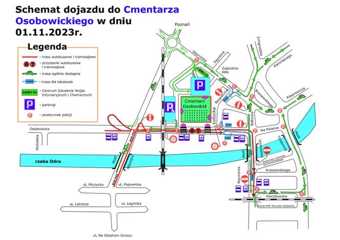 Schemat dojazdu do Cmentarza Osobowickiego 1 listopada 2023 r. 