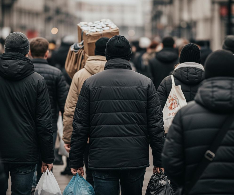 Pieszy tłum zajmuje centralną część obrazu, uchwycony od tyłu, idzie ulicą w pochmurny dzień. Wszyscy ubrani są w ciepłe, zimowe kurtki, głównie w odcieniach czerni i szarości, niektóre są pikowane, a część osób ma na głowach czapki. Mężczyzna w centrum, w czarnej pikowanej kurtce, niesie w prawej ręce czarną foliową torbę, a przed nim widoczny jest mężczyzna z pudełkowatym ładunkiem na plecach, prawdopodobnie plecakiem, ozdobionym na górze srebrzystymi elementami. Na obrazie dominują stonowane, ciemne barwy, a budynki w tle są rozmyte, co nadaje zdjęciu głębi i skupia uwagę na postaciach.