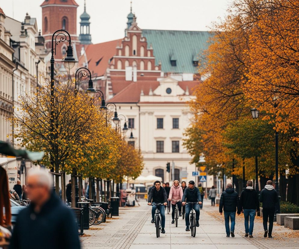 Ulica wysadzana drzewami o intensywnie pomarańczowych liściach w jesiennej scenerii. Po lewej stronie ciągnie się rząd wysokich kamienic o jasnych fasadach, a po prawej wzdłuż chodnika ustawione są kramy z towarami, częściowo zasłonięte zielonymi i beżowymi namiotami. Centralnie, na brukowanej drodze, dwóch mężczyzn jedzie na rowerach w kierunku obserwatora, a obok nich na chodniku idzie grupa ludzi. W tle widoczne są zabytkowe budynki z czerwonymi dachami i spiczastymi wieżami, pod szarym, zachmurzonym niebem.