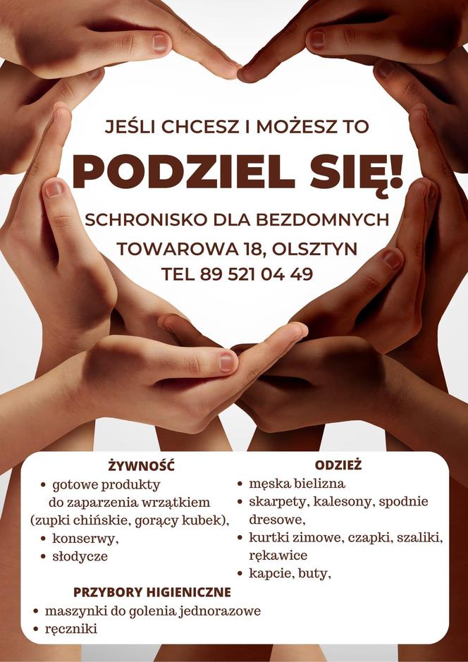 Plakat - aktualne potrzeby schroniska dla bezdomnych w Olsztynie