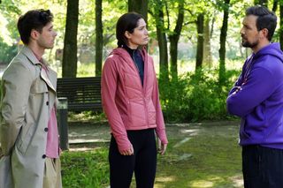 Barwy szczęścia odc. 3249. Celina (Orina Krajewska), Cezary Rawicz (Marcel Opaliński), Marcin Kodur (Oskar Stoczyński)