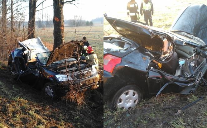 Świrydy. Tym autem jechała kobieta z 4-letnim dzieckiem. Toyota uderzyła w drzewo. Strażacy pokazali zdjęcia