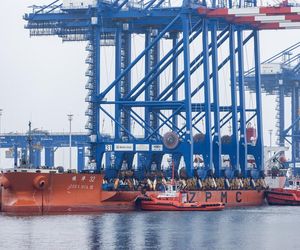 Gdańsk. Do nabrzeża Terminalu T3 na terenie Baltic Hub przybił statek Zhen Hua 32, na pokładzie którego do portu przypłynęły trzy ogromne suwnice przeznaczone do obsługi kontenerowców przy terminalu T3