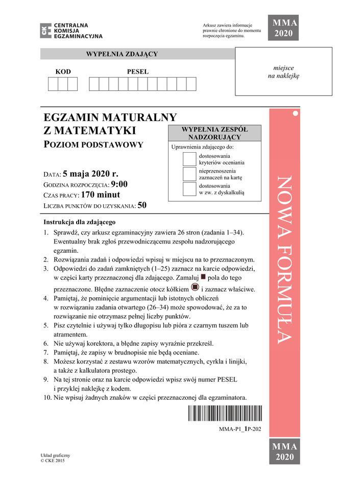 Matura 2020 ARKUSZE CKE z matematyki - poziom podstawowy! [ODPOWIEDZI]