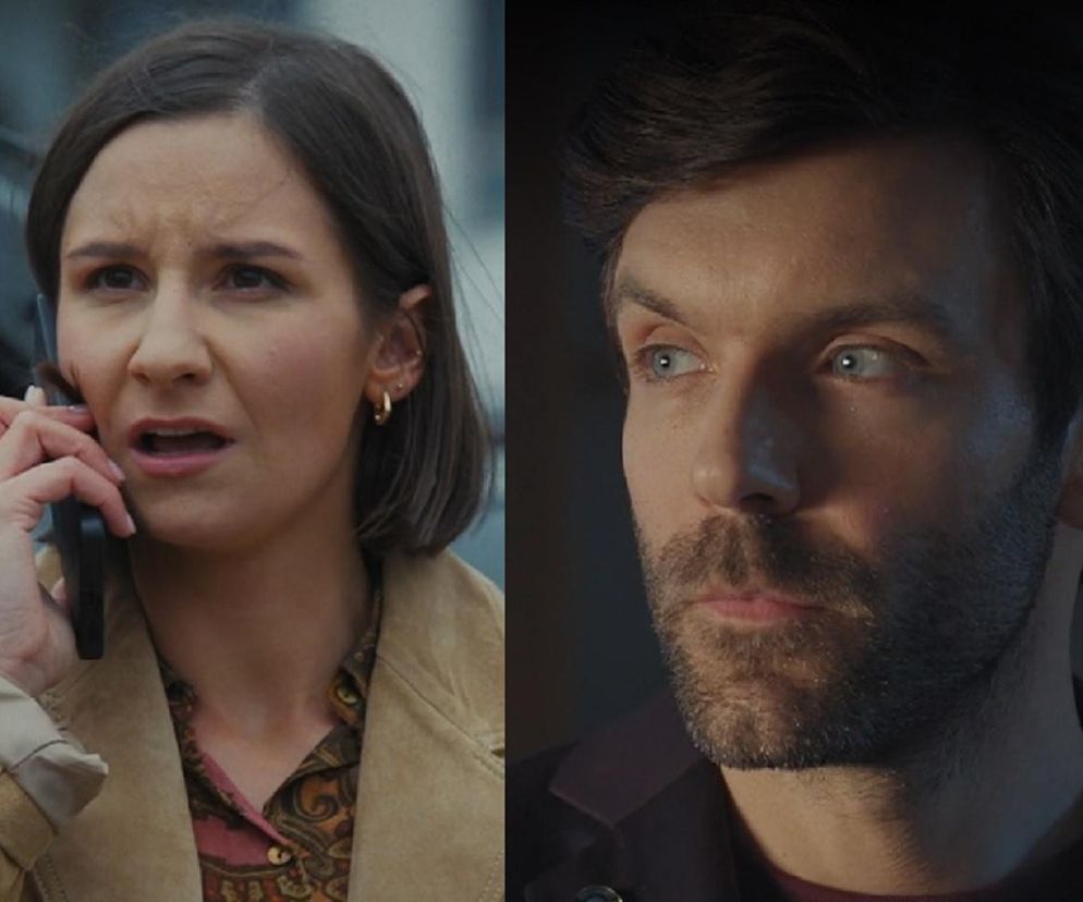 Agnes (Amanda Mincewicz) rozmawiająca przez telefon i Martin (Paweł Izdebski), jej prześladowca, widoczni na podzielonym ekranie. Kobieta ma zmartwioną minę. Scena z serialu M jak miłość w kontekście artykułu na Super Seriale o ucieczce Agnes.