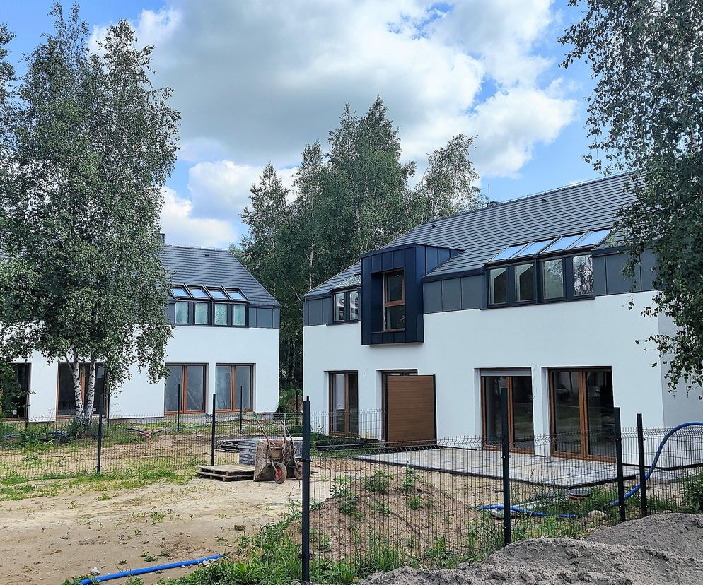 Nowoczesne domy jednorodzinne w osiedlu Bojerowa autorstwa Joanny Norsesowicz, z białymi elewacjami i ciemnymi dachami z oknami połaciowymi, otoczone młodymi brzozami. Projekt stanowi zgłoszenie do konkursu Życie w Architekturze 2025, o którym przeczytasz na Architektura Murator Plus.