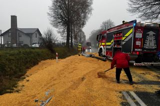 Deszcz kukurydzy pod Oświęcimiem. Droga została zasypana ziarnem