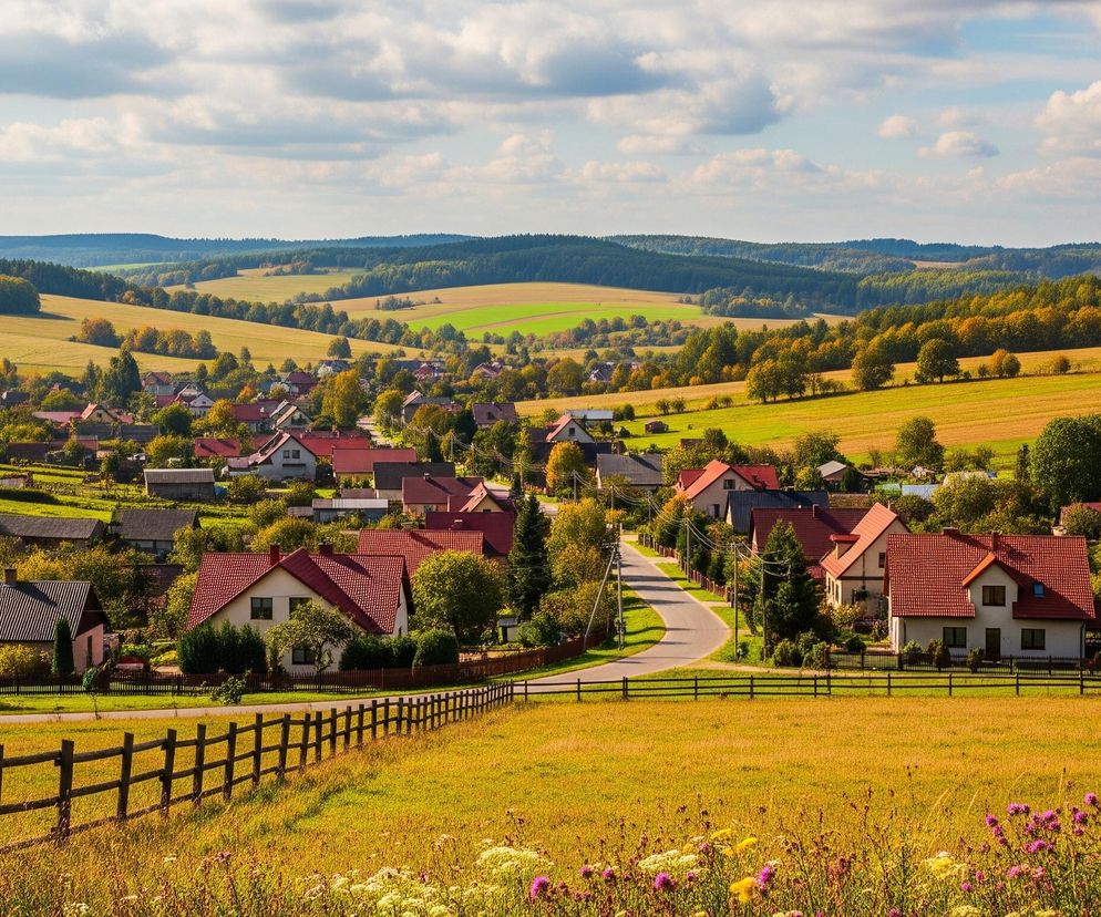 Rozległy krajobraz wiejski zdominowany jest przez falujące, zielono-żółte pola i liczne domy z czerwonymi dachami, rozłożone w dolinie. Pośrodku wijąca się asfaltowa droga przecina osadę, otoczoną drzewami w jesiennych barwach. W tle widoczne są dalsze pasma wzgórz pokryte gęstymi lasami, a nad nimi rozciąga się niebo z białymi, puszystymi chmurami. Na pierwszym planie po prawej stronie rośnie łąka pełna fioletowych i żółtych kwiatów, oddzielona od drogi drewnianym płotem.