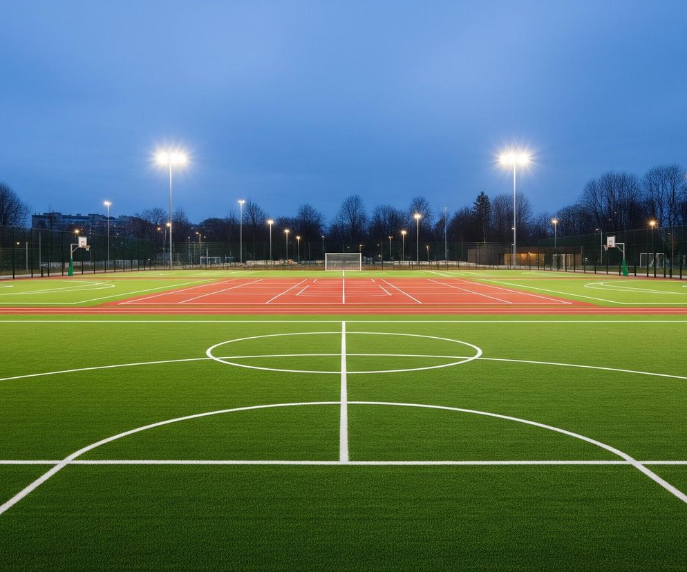 Duży, wielofunkcyjny kompleks sportowy o zmierzchu. Na pierwszym planie znajduje się zielone boisko z białymi liniami, sugerujące pole do piłki nożnej lub koszykówki. Za nim rozciąga się boisko o czerwonej nawierzchni, prawdopodobnie bieżnia lub kort tenisowy, również z białymi liniami. Cały obiekt otoczony jest wysokimi siatkami ochronnymi, a wokół niego rozmieszczone są liczne maszty oświetleniowe z jasnymi reflektorami, które rozświetlają teren. W tle widać ciemne sylwetki drzew bez liści i fragmenty budynków pod niebieskim, zachmurzonym niebem.
