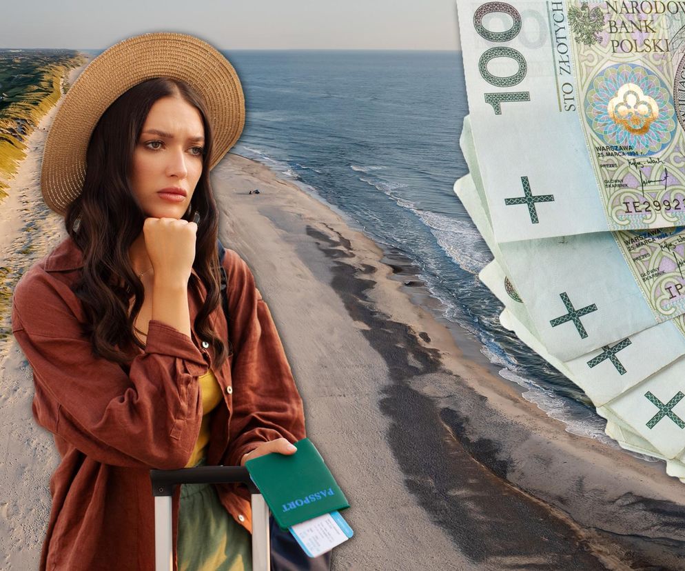 Smutna turystka z paszportem i biletem lotniczym, zmartwiona bankructwem biura podróży, na tle plaży i morza, z dużą ilością banknotów 100 zł. Czytaj więcej o upadłości turystycznego giganta na Super Biznes.