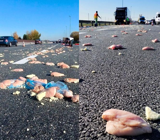 Deszcz mrożonego mięsa na autostradzie A4. Nietypowe skutki kolizji pod Krakowem