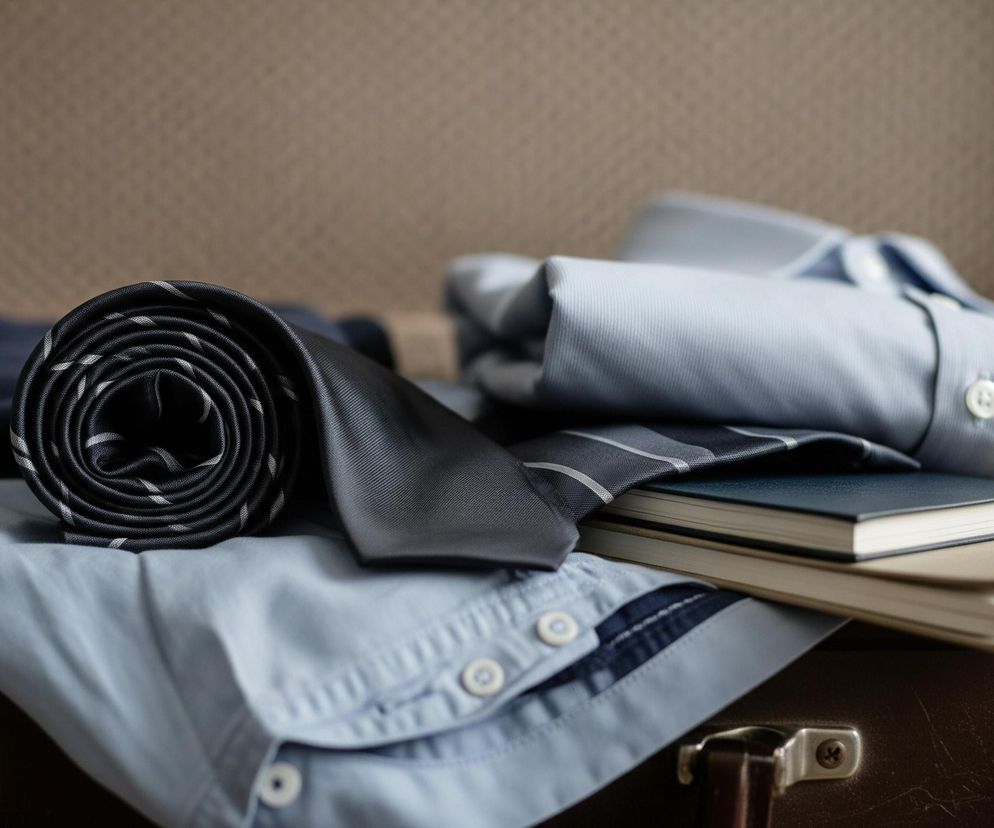 W otwartej, brązowej walizce wypełnionej ubraniami leży zwinięty w rulon krawat w ciemne paski, obok niego drugi krawat w jednolitym ciemnym kolorze. Na jasnoniebieskiej, złożonej koszuli leżą dwie książki: jedna z granatową okładką, a pod nią druga z beżową, obie z widocznymi jasnymi stronami. W tle widać więcej złożonych ubrań, a na krawędzi walizki widoczne są metalowe zatrzaski i klamra.