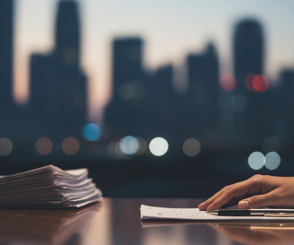 Lewą część kadru zajmuje stos papieru leżący na brązowym biurku, natomiast po prawej stronie widać prawą dłoń osoby w białej koszuli z mankietem i ciemnej marynarce, która opiera się na dokumencie leżącym na biurku, obok czarnego długopisu ze złotymi akcentami. Tło stanowi rozmyta panorama miasta o zachodzie słońca, z ciemnymi sylwetkami wieżowców i rozmytymi, kolorowymi światłami, tworzącymi efekt bokeh. Kolory tła przechodzą od jasnego beżu i błękitu na górze do ciemniejszych odcieni błękitu i czerni poniżej, z kilkoma czerwonymi, białymi i niebieskimi punktami świetlnymi.