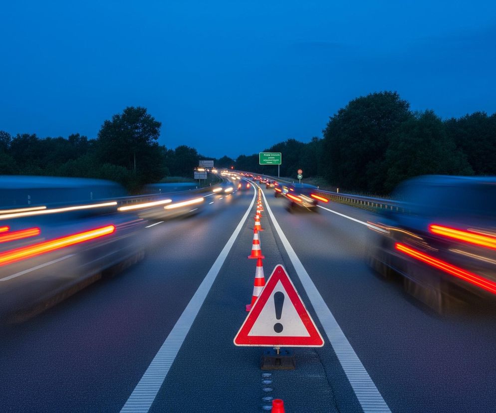 Na pierwszym planie, centralnie, umieszczony jest biały trójkątny znak ostrzegawczy z czerwoną obwódką i czarnym wykrzyknikiem, stojący na czarnej podstawie, na asfalcie. Przed znakiem widać kilka małych, pomarańczowych stożków drogowych, które wyznaczają pas ruchu razem z ciągiem większych, biało-pomarańczowych pachołków, rozciągającym się w dal, dzieląc jezdnię. Po obu stronach pachołków na drodze widać smugi świateł pojazdów – czerwone z tyłu i białe z przodu, rozmyte ze względu na długi czas naświetlania. W tle widać ciemne drzewa i niebieskie, zachmurzone niebo.