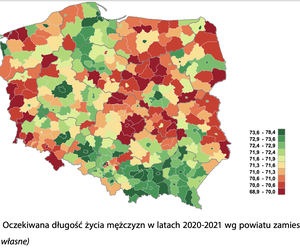 Mapa średniej wieku mężczyzn w Polsce
