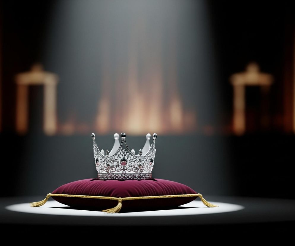 Srebrna korona, wysadzana licznymi drobnymi kamieniami i kilkoma większymi, ciemnoczerwonymi lub purpurowymi, spoczywa na welurowej poduszce w kolorze burgunda. Poduszka jest obszyta złotą plecionką i ozdobiona złotymi chwostami na rogach, leży na okrągłej plamie jasnego światła. Całość jest centralnie oświetlona silnym, pionowym strumieniem światła, który tworzy wyraźny stożek w dymnym powietrzu. Tło jest bardzo ciemne, z rozmazanymi, pionowymi smugami jasnego brązu, sugerującymi filary lub kolumny.