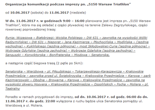 Triathlon 2017 Warszawa 11 czerwca utrudnienia 1