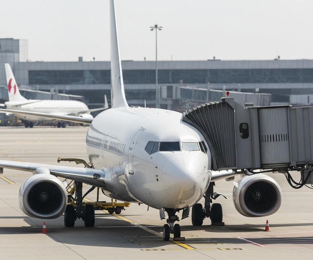 Biały samolot pasażerski stoi na płycie lotniska, przodem do widza. Do jego prawego boku podłączony jest ruchomy rękaw, przez który pasażerowie mogą wejść na pokład. Pod kadłubem samolotu widoczne są podwozie główne z dwoma kołami oraz przednie podwozie z dwoma mniejszymi kołami. Skrzydła samolotu posiadają silniki odrzutowe, z widocznymi turbinami, a także niewielkie podłużne elementy aerodynamiczne od spodu. W tle, częściowo zasłonięty, znajduje się inny biały samolot z czerwonym logo na stateczniku pionowym, a za nim widoczny jest fragment terminala lotniczego z dużymi, przeszklonymi oknami i elementami konstrukcji.