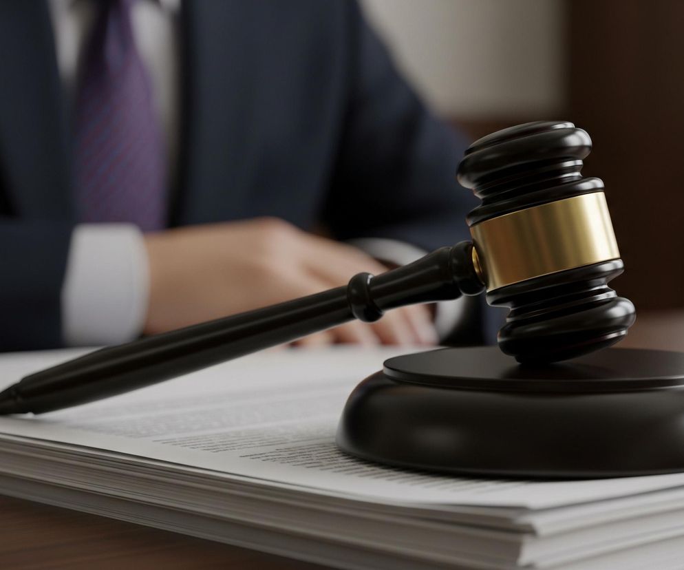 Młotek sędziowski wykonany z ciemnego drewna ze złotą obręczą leży na stosie białych, zadrukowanych kartek, a obok znajduje się drewniana podstawa. W tle widoczna jest niewyraźna postać ubrana w granatową marynarkę, białą koszulę i fioletowy krawat, z dłońmi opartymi na blacie. Całość spoczywa na ciemnobrązowym, lśniącym biurku.