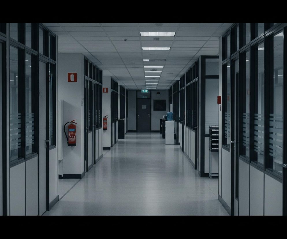 Długi, symetryczny korytarz oświetlony od góry rozciąga się w głąb obrazu. Po obu stronach widoczne są przeszklone ściany biur lub pomieszczeń, z poziomymi, matowymi pasami na wysokości wzroku. Na lewej ścianie, w odległości kilku metrów od widza, zawieszona jest czerwona gaśnica oraz czerwony kwadratowy znak z symbolem gaśnicy. Pod sufitem, na końcu korytarza, znajduje się zielony podświetlany znak wyjścia awaryjnego.