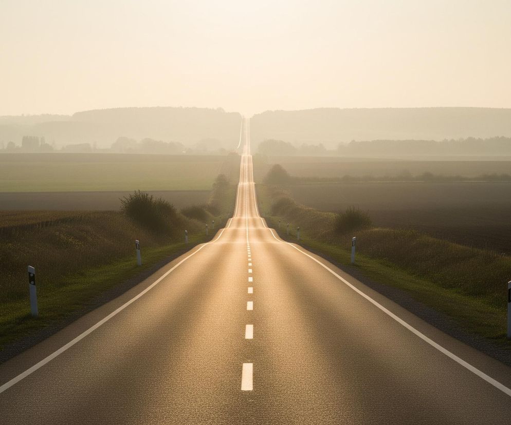 Asfaltowa droga biegnie prosto w dal, wznosząc się i opadając, z białymi przerywanymi liniami na środku i ciągłymi liniami po bokach. Światło słoneczne pada na drogę, tworząc jasną poświatę, która zanika w oddali. Po obu stronach drogi rozciągają się pola i obszary trawiaste, a w tle widać zamglony krajobraz z lasami i sylwetkami budynków, które stają się coraz mniej wyraźne im dalej w głąb. Droga ma po bokach białe słupki odblaskowe.