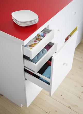 BIała kuchnia IKEA, czerwony blat