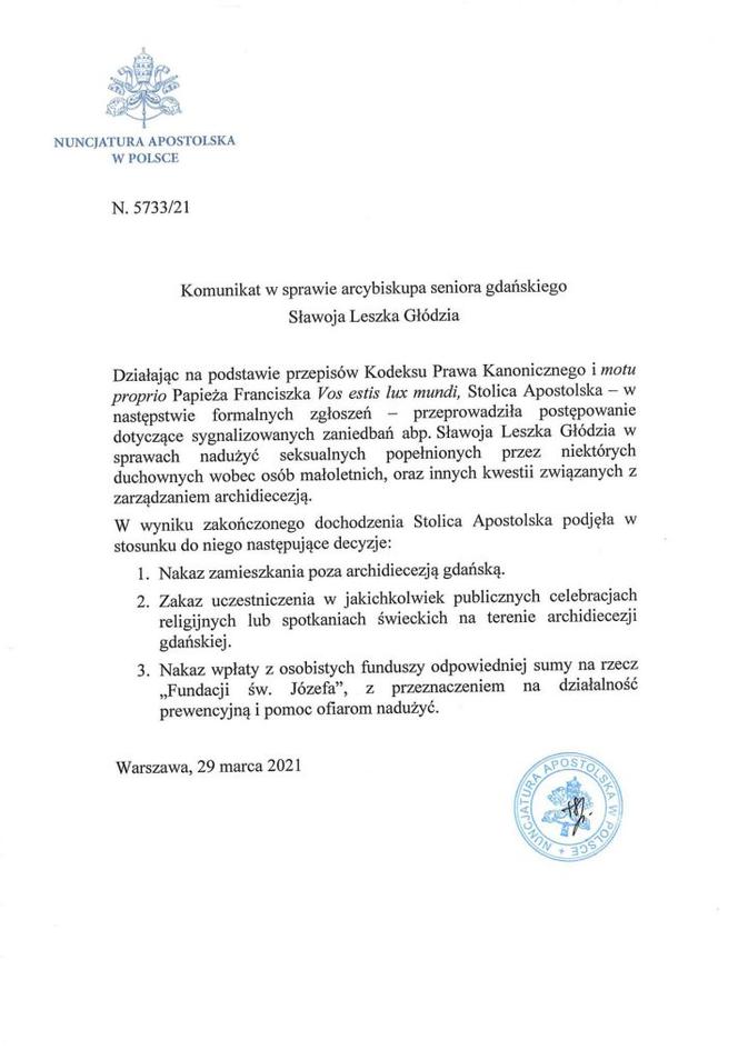 Stolica Apostolska podjęła decyzję ws. abp  Sławoja Leszka Głódzia