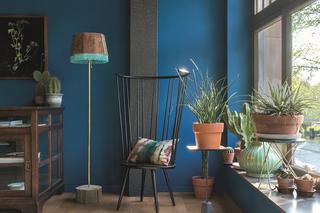 Salon w stylu eklektycznym z niebieskimi ścianami