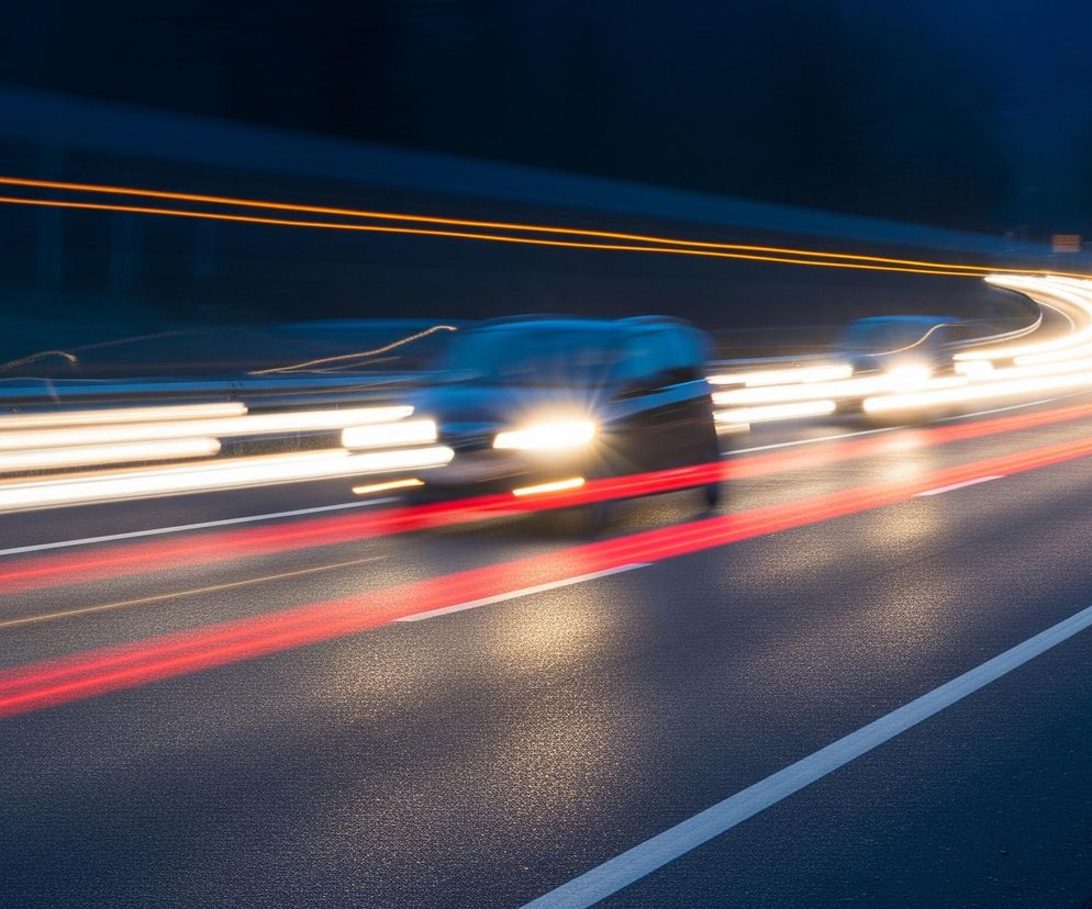 Głównym obiektem jest ciemna asfaltowa droga, wijąca się w prawą stronę, z wyraźnymi białymi liniami pasów ruchu i pobocza. Nad drogą rozciągają się świetlne smugi: białe i pomarańczowe z przodu, oraz czerwone z tyłu, świadczące o ruchu pojazdów. W oddali widoczne są rozmyte sylwetki samochodów z włączonymi światłami. Całość otacza ciemne, niemal granatowe otoczenie z niewyraźnymi elementami krajobrazu, sugerujące noc lub zmierzch.