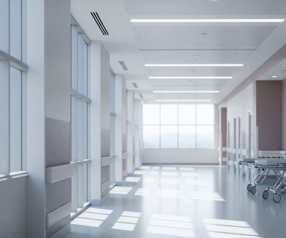 Długi, jasny korytarz szpitalny rozciąga się w głąb obrazu, z dużą ilością naturalnego światła wpadającego przez okna po lewej stronie. Na podłodze widoczne są odbicia świetlnych prostokątów z okien, tworzące wzory. Po prawej stronie, pod ścianą w kolorze liliowym, stoją dwie szpitalne leżanki na kółkach, a na nich leżą szare materace. Ściany są głównie białe, ale po prawej stronie, na końcu korytarza, są one w kolorze pudrowego różu, z białymi drzwiami i białymi listwami ściennymi.