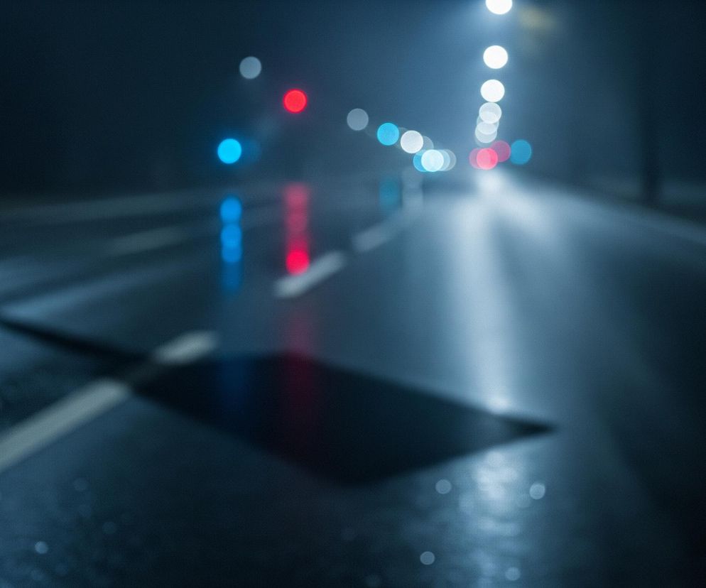 Mokra jezdnia rozciąga się w głąb obrazu, odbijając rozmazane światła. Na pierwszym planie widoczne są białe linie poziome, tworzące wzór na ciemnej, błyszczącej powierzchni. W oddali, po lewej stronie, świecą czerwone i niebieskie punkty świetlne, prawdopodobnie sygnalizacja drogowa, a po prawej stronie, wzdłuż drogi, widać szereg białych, okrągłych świateł ulicznych. Cała scena utrzymana jest w ciemnych odcieniach błękitu i szarości, z punktami światła tworzącymi efekt bokeh.