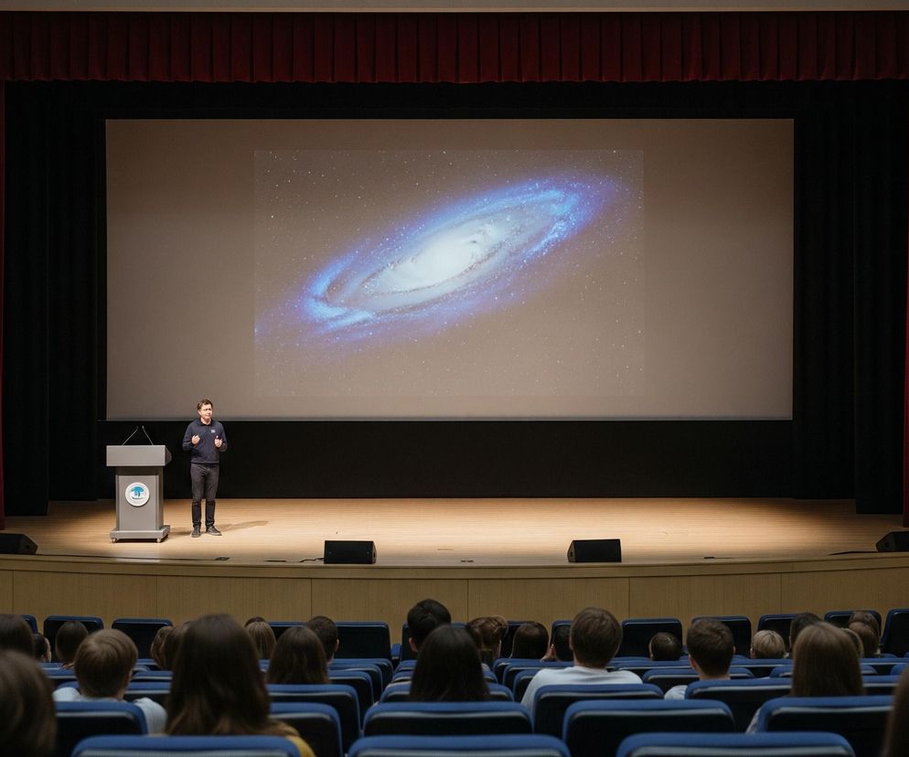 Mężczyzna w ciemnym stroju stoi na drewnianej scenie, obok szarego podium z widocznym niebiesko-białym logo, i gestykuluje obiema rękami, patrząc w stronę publiczności. Za nim rozciąga się duży, prostokątny ekran projekcyjny, na którym wyświetlany jest obraz spiralnej galaktyki o jasnoniebieskich i białych ramionach, otoczonej czarnym tłem z rozrzuconymi białymi punktami imitującymi gwiazdy. Po obu stronach ekranu znajdują się czarne zasłony, a dalej czerwone, pofałdowane kurtyny, które okalają scenę. W tle, na ścianach bocznych, widoczne są systemy nagłośnieniowe. Na pierwszym planie, z perspektywy widza, widoczne są rzędy niebieskich foteli kinowych, w których siedzi publiczność, głównie z tyłu głowy.