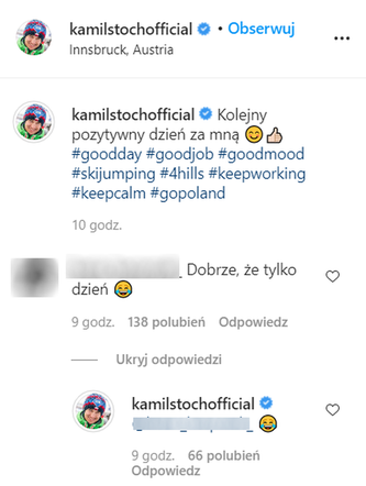 Kamil Stoch odpowiedział kobiecie na Instagramie