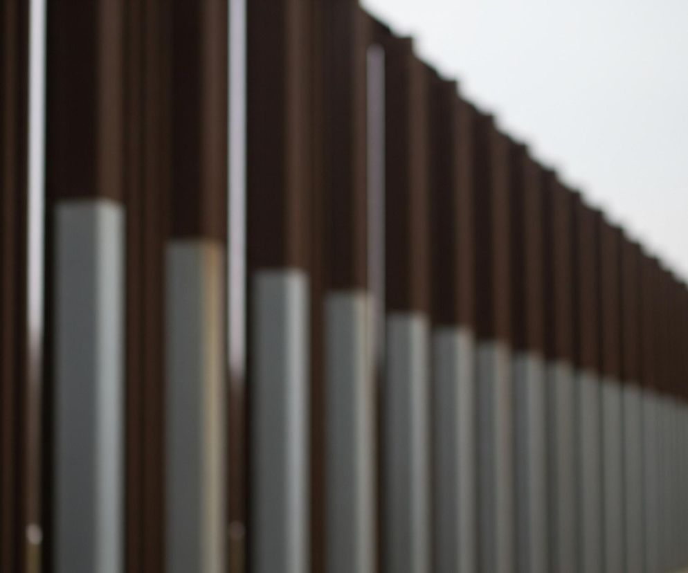 Rozciąga się tu długi, dwukolorowy płot lub bariera, składająca się z naprzemiennie ułożonych pionowych paneli. Jasne, szare panele są widoczne w dolnej części obrazu, natomiast ciemnobrązowe panele dominują w górnej części. Struktura ta biegnie ukośnie od lewego dolnego rogu w stronę prawego górnego rogu, znikając w oddali. Tło stanowi jednolite, jasne niebo lub mglista przestrzeń.