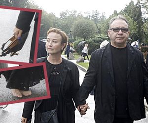Narzeczona Zamachowskiego boso na pogrzebie Joanny Kołaczkowskiej. Gabriela Muskała szła bez butów po mokrym betonie