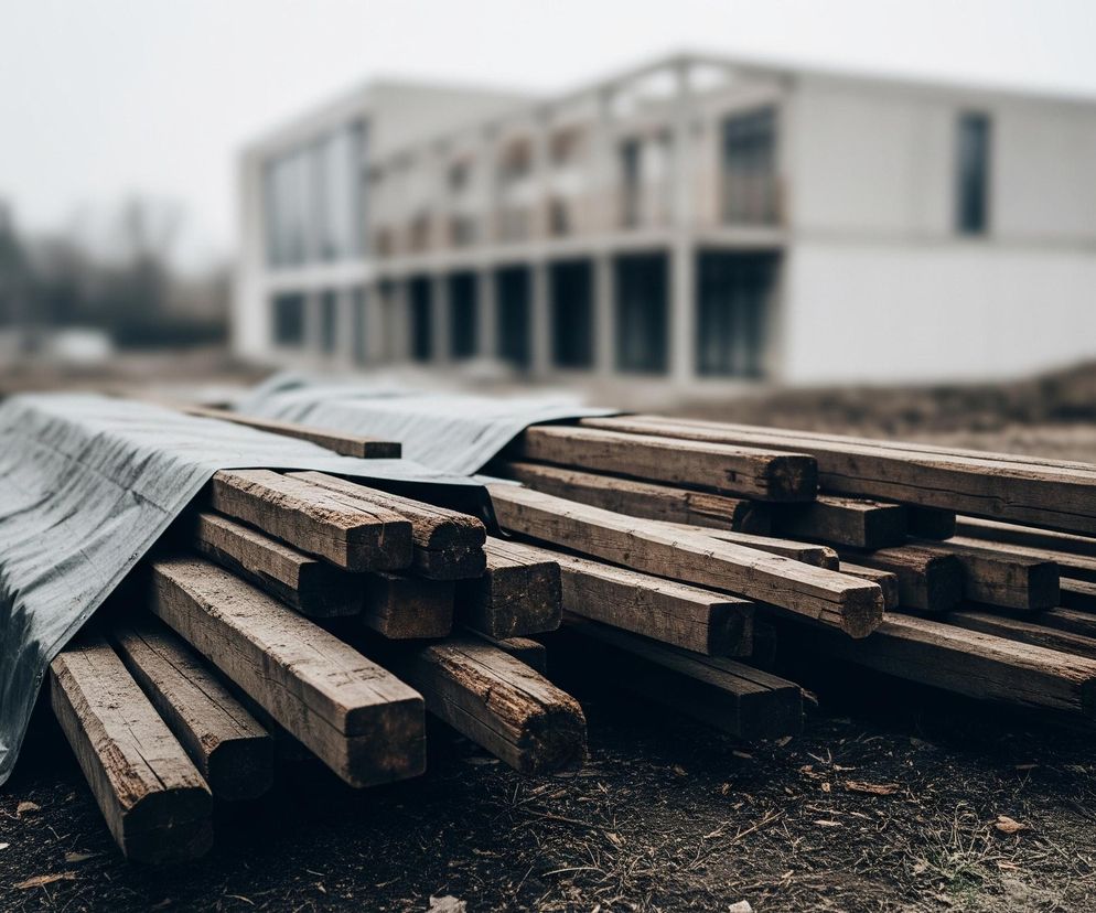 Stos drewna budowlanego leży na ziemi, częściowo przykryty szarą plandeką, w prawym dolnym rogu kadru. Drewniane belki są ciemnobrązowe, szorstkie i popękane. W tle, rozmyty budynek o nowoczesnej architekturze z dużymi oknami i jasnymi elewacjami, wznosi się na tle mglistego, szarego nieba.
