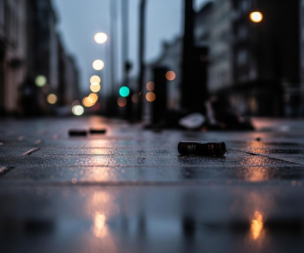 Na pierwszym planie, centralnie, leży ciemny przedmiot przypominający zużytą baterię lub pojemnik, z niewyraźnymi napisami na boku. Leży on na mokrej, ciemnej nawierzchni chodnika, która odbija pomarańczowe i żółte światła z oddali. Chodnik składa się z prostokątnych płyt i pokryty jest drobnymi kroplami wody, co nadaje mu połyskującą teksturę.

W tle rozciąga się miejska ulica w zmierzchu lub nocy, z niewyraźnymi sylwetkami budynków po obu stronach. Liczne, rozmyte światła w odcieniach żółtego, pomarańczowego i zielonego tworzą efekt bokeh, dominując w centrum i po lewej stronie obrazu. Całość utrzymana jest w ciemnej, chłodnej kolorystyce, z dominującymi szarościami, błękitami i czerniami, przełamywanymi ciepłymi refleksami świateł.