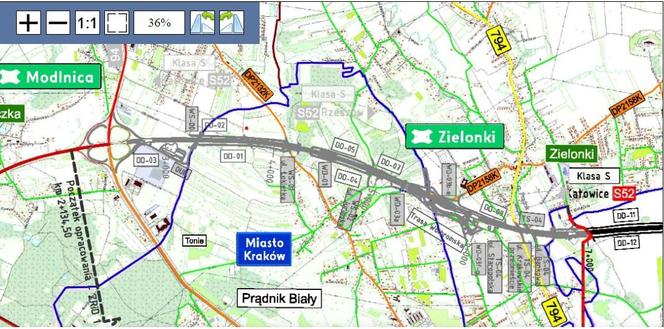 Przebieg północnej obwodnicy Krakowa, mapa