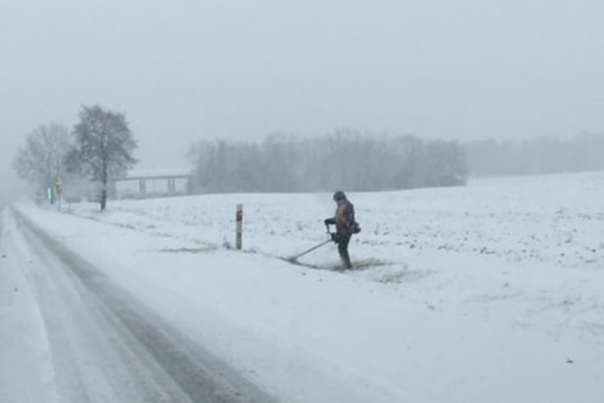 Absurd na drodze wojewódzkiej. Drogowcy kosili trawę... w śniegu!