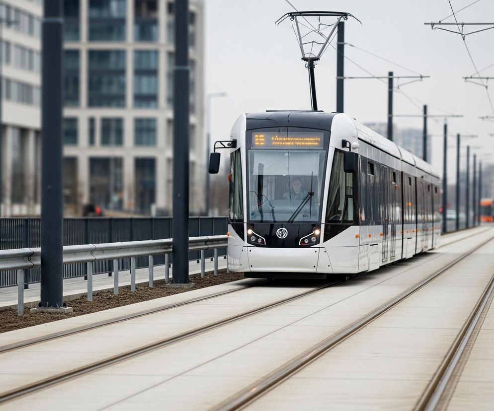 Biały, nowoczesny tramwaj z czarnym pasem na dachu i czołowej części, zajmuje centralną część obrazu, poruszając się po podwójnym torowisku wykonanym z betonu. Na przedniej szybie widać odbicie otoczenia i sylwetkę kierowcy, a nad nią świeci pomarańczowy wyświetlacz. Nad tramwajem unosi się pantograf połączony z siecią trakcyjną, którą podtrzymują liczne, ciemne słupy rozciągające się wzdłuż torów w oddali. Po lewej stronie torowiska znajduje się szary płot z barierkami ochronnymi, za którym widać wysoki, nowoczesny budynek z wieloma oknami, rozmyty w tle. Prawa strona torowiska, poza słupami, charakteryzuje się nagą, brązową ziemią.