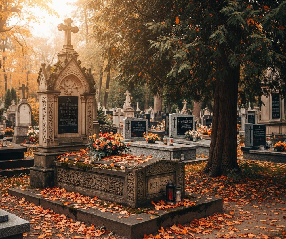 Rozległy cmentarz w jesiennej scenerii, z licznymi nagrobkami i pomnikami otoczonymi drzewami o złotych liściach. W centrum znajduje się okazały, kamienny nagrobek z krzyżem na szczycie i bogatymi zdobieniami, na którym leży bukiet pomarańczowo-czerwonych kwiatów, a obok stoją dwa znicze. Cała powierzchnia gruntu pokryta jest dywanem opadłych, brązowo-pomarańczowych liści, które tworzą ciepły, nostalgiczny nastrój, wzmocniony miękkim, rozproszonym światłem padającym z górnego prawego rogu obrazu. W oddali widać kolejne nagrobki i drzewa, z których wiele ma jeszcze zielone igły lub ciemniejsze liście, kontrastujące z jasnymi, jesiennymi barwami.