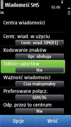 Nokia N8. Jak włączyć odbiór raportów, potwierdzenie doręczenia wiadomości