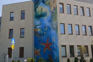 Mural z Aleksandrem Dobą na ścianie Morskiej Szkoły Podstawowej na gdańskim Ujeścisku